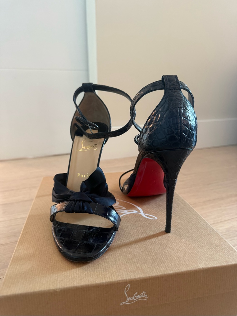 Christian Louboutin Black Croc-Effect Strappy Sandal with Red Sole